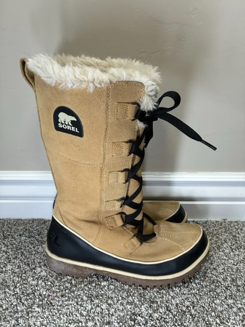 Sorel Tivoli High Womens 7 Curry Tan Suede Faux Fur Tall Winter Snow Boots